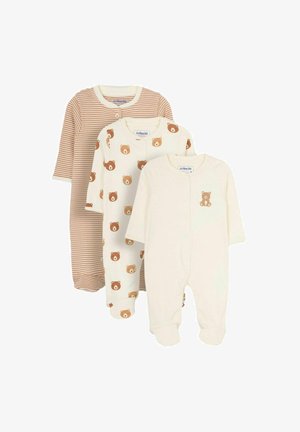 Tris kūdikių uždangalų: vienas smėlio spalvos su rudos juostelėmis, vienas kreminės spalvos su meškiukų raštais ir vienas kreminės spalvos su vienu meškiuko lopu, visi su snapeliais.