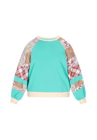 Felpa turchese con maniche decorate da motivi floreali e a quadri. Presenta maniche raglan e polsini elasticizzati. Tessuto leggero.