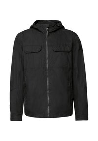 Svart jacka med huva, dragkedja fram, två bröstfickor och sidodragkedjor. Tillverkad av lättviktsmaterial med en slät yta.