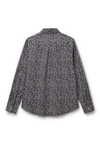 Czarna koszula z długim rękawem, z białym wzorem kwiatowym, klasycznym kołnierzykiem, mankietami na guziki i zaokrąglonym dołem. Widok z tyłu.