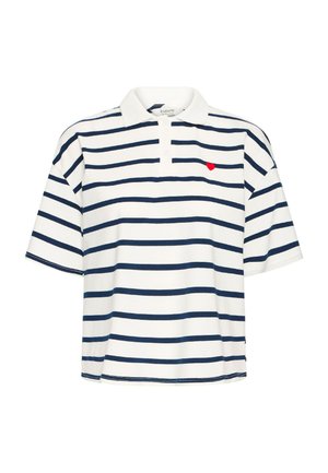 Polo a righe con maniche corte in bianco e blu navy, con ricamo a forma di cuore rosso. Realizzato in tessuto morbido, con colletto classico e patta con bottoni.