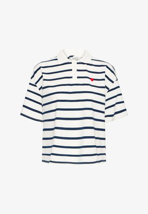 Triibuline lühikeste varrukatega polo särk valge ja tumesinise värviga, millel on punane südame tikand. Valmistatud pehmest kangast, klassikalise krae ja nööpide ridadega.