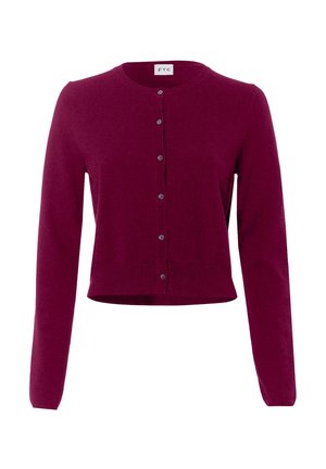 Bordeauxrode gebreide cardigan met een ronde hals, lange mouwen, knoopsluiting en een korte pasvorm. Gladde textuur en eenvoudig ontwerp.