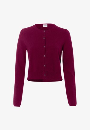 Cardigan in maglia bordeaux con scollo rotondo, maniche lunghe, chiusura con bottoni e vestibilità corta. Texture liscia e design semplice.