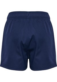 Marinblå badshorts med elastisk midja, slät yta och rak skärning. Har synliga sömmar och inga mönster.