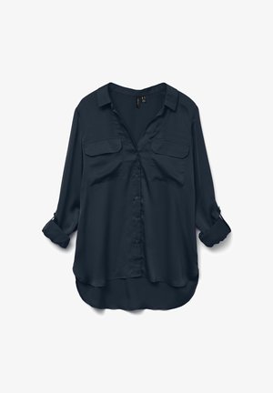 Granatowa, longsleeve koszula zapinana na guziki z lekkiego materiału, z dwoma kieszeniami na piersi, podwiniętymi mankietami i zaokrąglonym dołem.