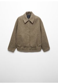 Brown wool-blend jacket featuring a collared neck, front pockets, and a ribbed hem. Textured fabric with a slightly loose fit.