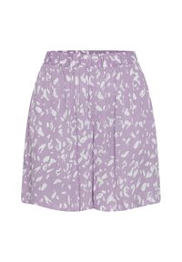 Jupe plissée lilas avec des taches abstraites blanches et une ceinture élastique, présentée sur un fond blanc.