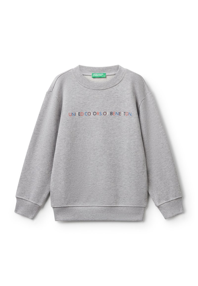 Felpa leggera grigia con collo rotondo e polsini e fondo a coste, con testo multicolore "UNITED COLORS OF BENETTON" sul petto.