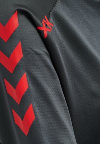 Mörkgrå atletisk tröja med röda chevronmönster på ärmarna och en röd logotyp på den övre delen. Texturerad tygdetalj synlig.