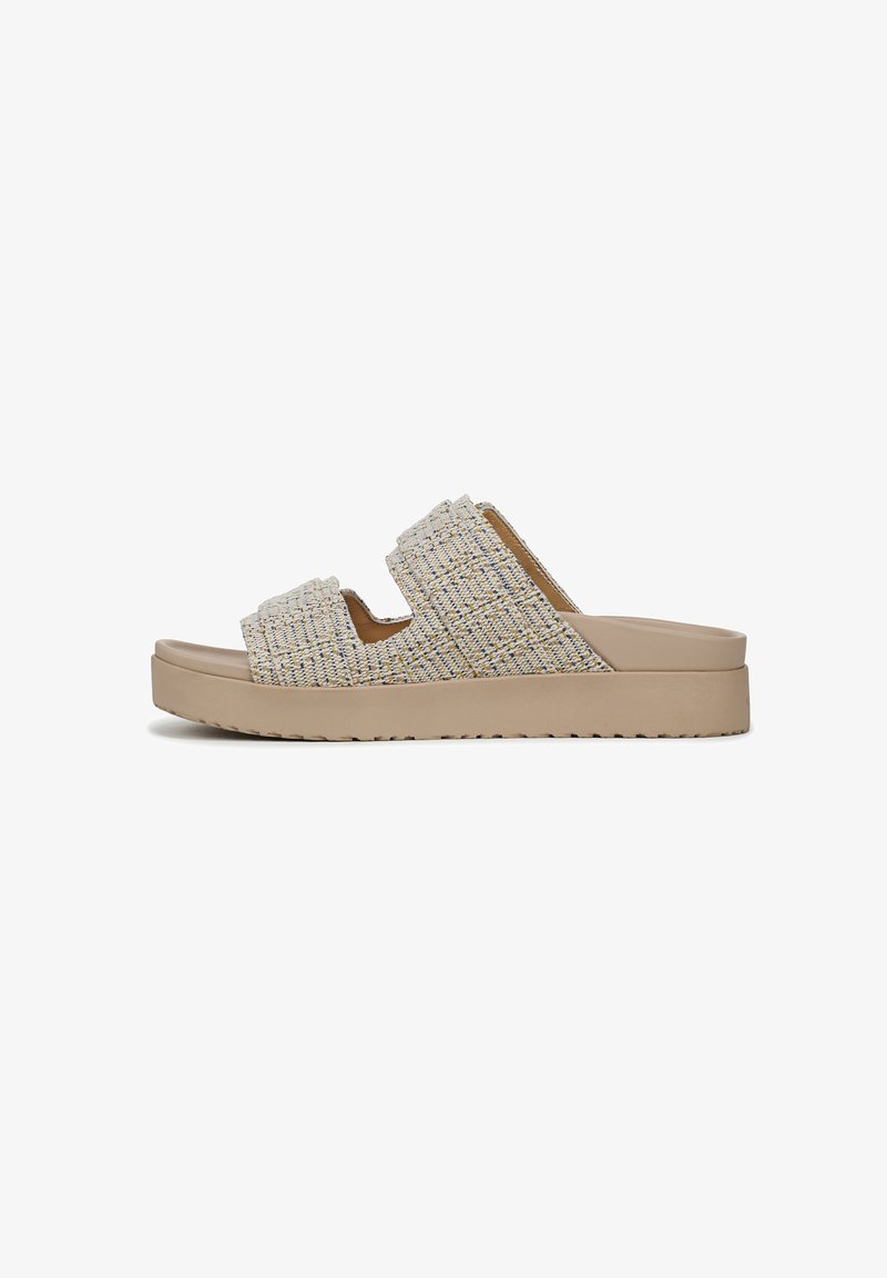 Beige platform slide sandals with two woven fabric straps, featuring a textured finish and a solid rubber sole.