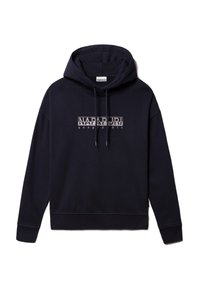 Granatowa bluza z kapturem wykonana z miękkiego materiału, z logo na przodzie w jasnoszarym kolorze. Ma luźny krój oraz prążkowane mankiety i dół.