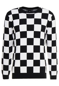 Pull en noir et blanc à carreaux avec un col rond, des manches longues et des poignets côtelés, fabriqué en tissu jacquard doux.