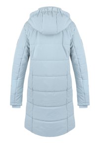 Light blue padded long coat with a hood, featuring horizontal stitching, smooth texture, and wrist cuffs. Back view; no visible hardware.