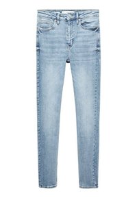 Jean en denim bleu clair, coupe slim, avec bouton et fermeture éclair à l'avant, cinq poches et passants pour ceinture.