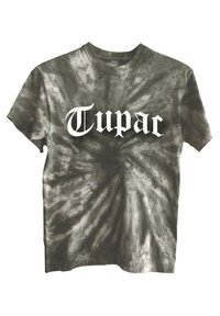 Gray tie-dye t-shirt made of cotton. Features a prominent white "Tupac" text in bold typography at the center. Short sleeves, crew neck.
