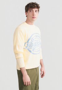 Jeune homme portant un pull jaune pâle avec des lettres graphiques bleues et un pantalon vert olive, debout devant un fond blanc uni.