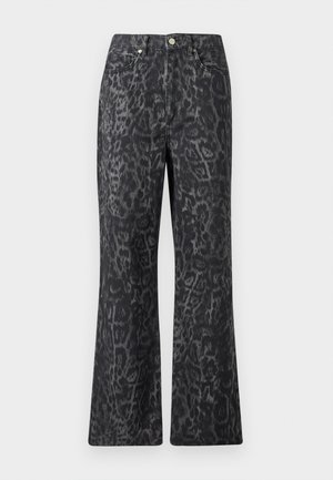 Μαύρα τζιν παντελόνια καμπάνα με σχέδιο λεοπάρ. Κατασκευασμένα από τζιν ύφασμα, με μπροστινό κουμπί, πλαϊνές τσέπες και υφή επιφάνειας.