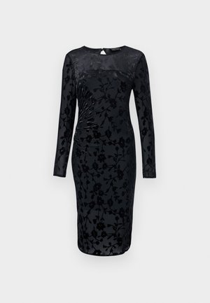 Czarna sukienka z koronką w kwiaty, z długimi rękawami, marszczeniem oraz okrągłym dekoltem; posiada gładką podszewkę oraz subtelną strukturę.