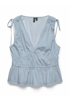 Mouwloze blauwe blouse met verticale witte strepen, diepe V-hals, verzamelde taille en verstelbare schouderstrikbandjes.