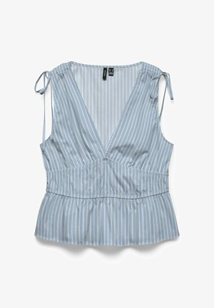 Mouwloze blauwe blouse met verticale witte strepen, diepe V-hals, verzamelde taille en verstelbare schouderstrikbandjes.