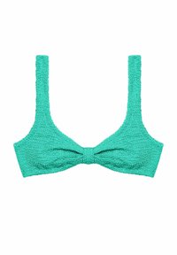 Turkos bh-top med breda strukturerade remmar och en knutdetalj i mitten. Tillverkad av ett mjukt, strukturerat material.
