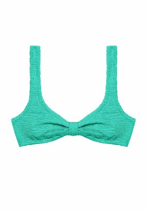 Turquoisekleurige bh-top met brede, gestructureerde banden en een knoopdetail in het midden. Gemaakt van een zachte, gestructureerde stof.