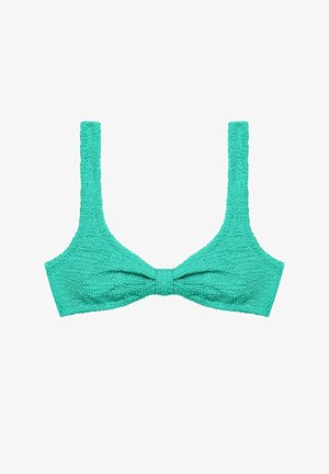 Turquoisekleurige bh-top met brede, gestructureerde banden en een knoopdetail in het midden. Gemaakt van een zachte, gestructureerde stof.