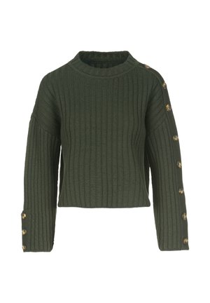 Groene geribde trui met een bootcollar, cropped ontwerp en lange mouwen met gouden knopen aan de linkerkant.