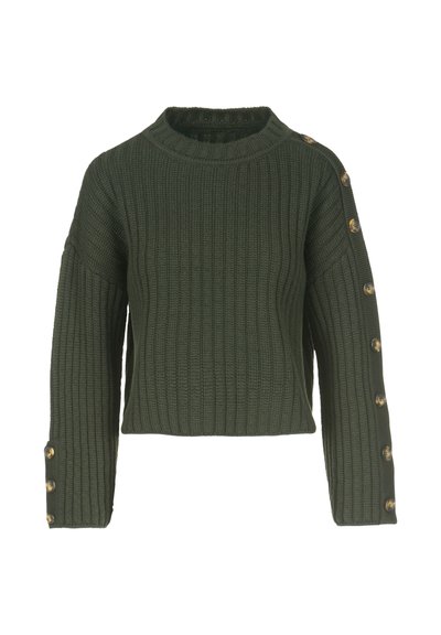 Pulover verde cu dungi, cu decolteu tip barcă, design scurt și mâneci lungi, având butoane aurii pe partea stângă.