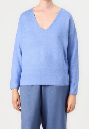 Persoon draagt een lichtblauwe V-hals trui met lange mouwen, gecombineerd met loszittende blauwe broek, getoond van nek tot heupen.