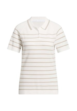 Polo de manga corta blanca con rayas horizontales beige claro y tapeta con dos botones.