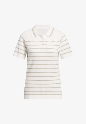 Weißes Poloshirt mit kurzen Ärmeln, hellbeigen horizontalen Streifen und einer Knopfleiste mit zwei Knöpfen.