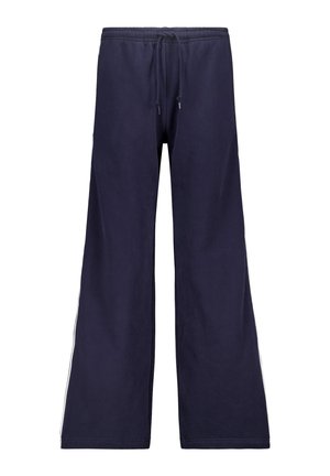 Marineblaue Sweatpants mit einem Kordelzugbund, weit geschnittenem Design und kontrastierenden weißen Streifen entlang der Seitennaht. Weicher Baumwollstoff.