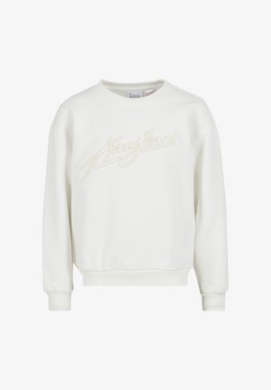 Biała bluza z ściągaczami na rękawach i dole, z subtelnym wyhaftowanym logo „Karl Jeans” na piersi w dopasowanym białym kolorze nici.
