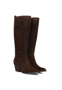 Bruine suède kniehoge laarzen met een puntige neus en een gestapelde hak. Het heeft een gladde textuur en een schoon, minimalistisch ontwerp.