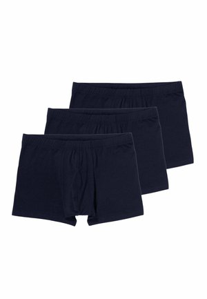 Tre paia di boxer da uomo neri semplici con elastico in vita, impilati e mostrati su sfondo bianco.