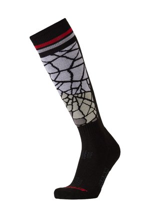 Chaussette noire mi-bas avec motif géométrique craquelé en gris et blanc, et deux bandes, rouge et grise, au bord-côte.