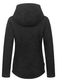 Schwarze Kapuzenjacke aus strukturiertem Stoff, mit langen Ärmeln, abgerundetem Saum und auffälligen Nähdetails an der Kapuze und den Seiten.