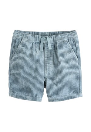 Világoskék kordbársony kisgyermek rövidnadrág rugalmas derékrésszel, húzózsinórral és oldalzsebekkel, fehér háttéren.