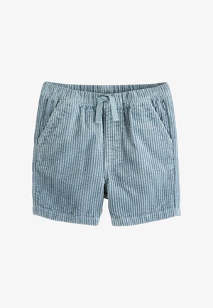 Jasnoniebieskie sztruksowe spodenki dla małych dzieci z elastycznym pasem, sznurkiem i bocznymi kieszeniami na białym tle.