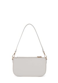 Borsa a tracolla in pelle bianca con forma curvata, dotata di una singola tracolla sottile e dettagli in hardware dorato. Chiusura a zip lungo la parte superiore.