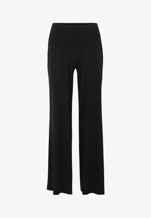 Black wide-leg trousers with an elastic waistband, made of soft material, featuring a smooth texture and no visible patterns or hardware.
