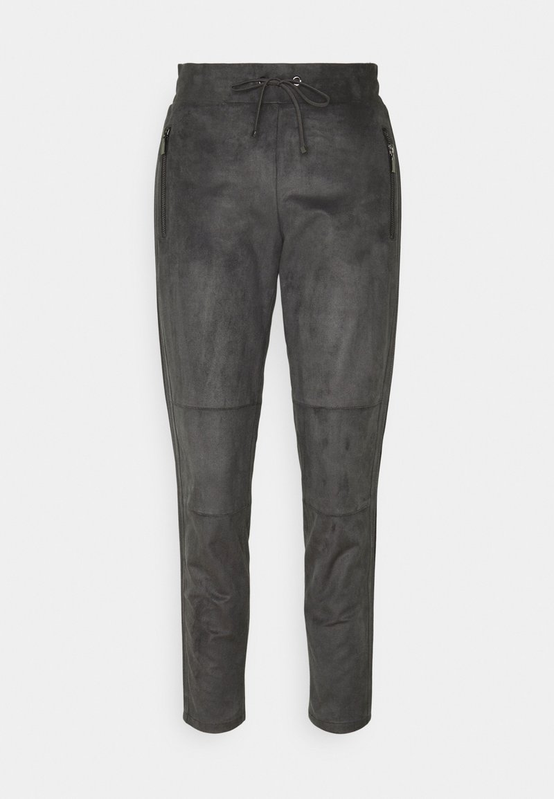 Tmavě šedé zamšové kalhoty s páskem na stažení, zúženým střihem a zipovými bočními kapsami. Hladká textura s panely pro designový detail.