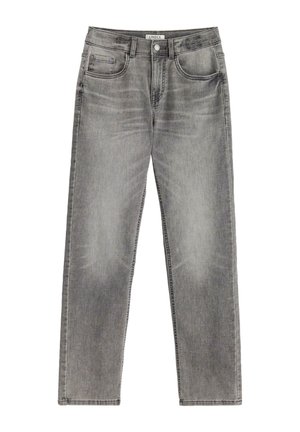 Szare jeansy z denimu o luźnym kroju, z zapięciem na guziki, tradycyjnymi kieszeniami oraz subtelnym przetarciem na materiale.