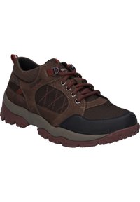 Braune Wanderschuhe aus einer Mischung von Leder und Mesh-Materialien. Sie verfügen über rote Akzent-Schnürsenkel, einen gepolsterten Schaft und eine robuste Gummisohle mit Profil.
