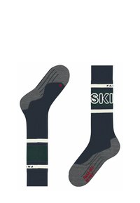 Calzini al ginocchio blu navy e grigi con strisce orizzontali bianche e verdi e il testo "SKI". Tessuto morbido con una texture a coste e tallone rinforzato.