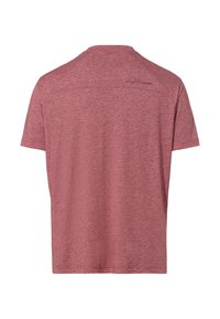 T-shirt a maniche corte con collo a girocollo realizzato in tessuto rossastro strutturato. Presenta un discreto dettaglio del logo vicino al collo sul retro.