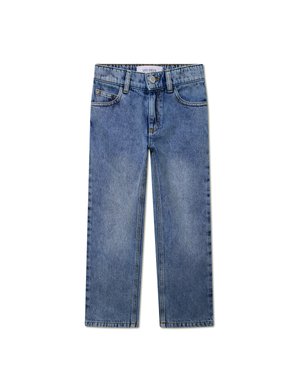 Light blue denim jeans with a straight cut, five pockets, and visible stitching. Brand label “LES DEUX” on the waistband.