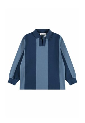 Poloshirt met lange mouwen met brede verticale strepen in twee blauwtinten en een kleine kraag met open knoopsluiting.